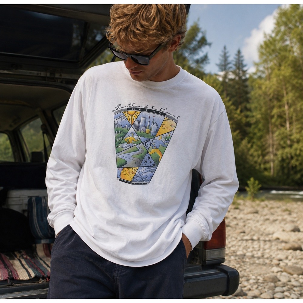 Tultex Portland to Coast Relay Shirt Men XL White Cotton Graphic Long Sleeve Tee